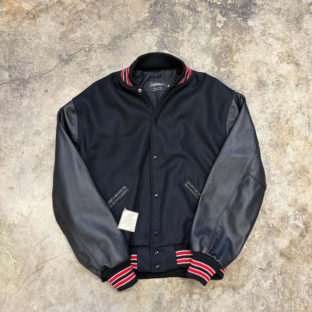 Settlemier's Black Wool & Leather Varsity Letterman Jacket with Red Ribbed Trim